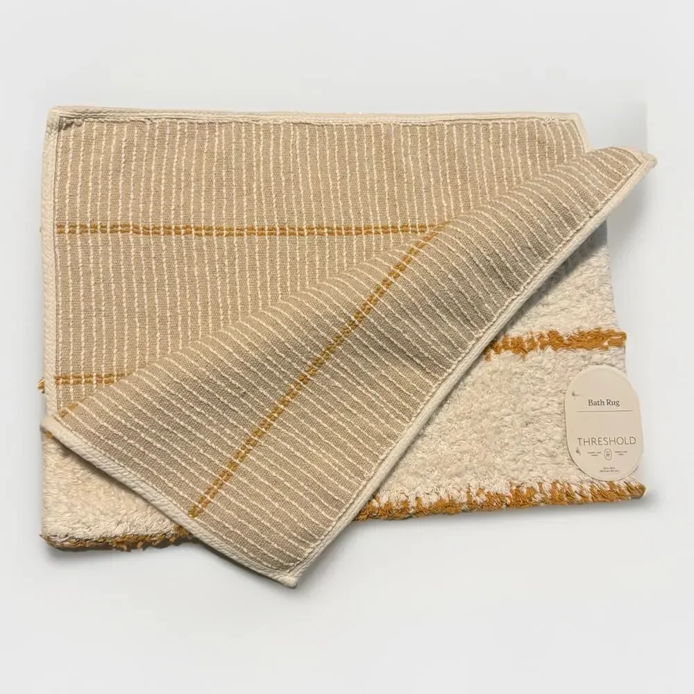 Threshold Bath Rug Modern Tufted Cream/Yellow Stripe 100% Cotton 20”x 30” NEW - Picture 7 of 11
